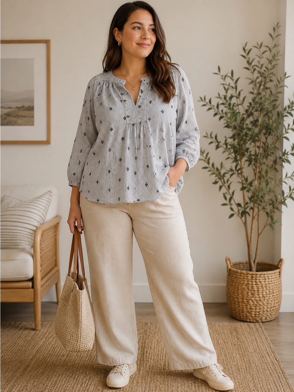 Light Blue Printed Peasant Blouse